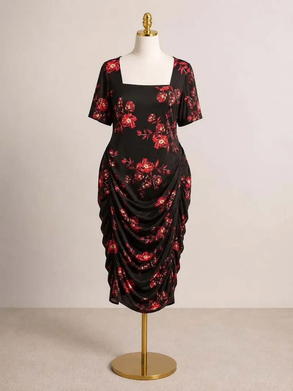 BloomChic Plus Size 2x 18-20 Floral Mesh Square Neck Ruched Midi Dress